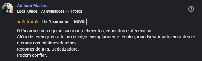 Avaliação de cinco estrelas de Adilson Martins para a RL Dedetizadora