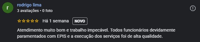 Avaliação de cinco estrelas de Rodrigo Lima para a RL Dedetizadora